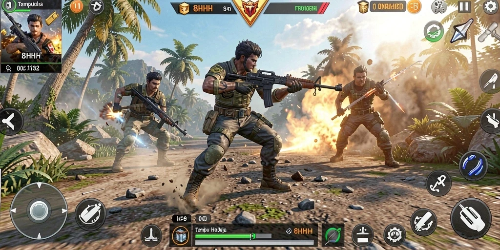 Tampilan gameplay seru dari 8HHH dengan aksi tembak-menembak.