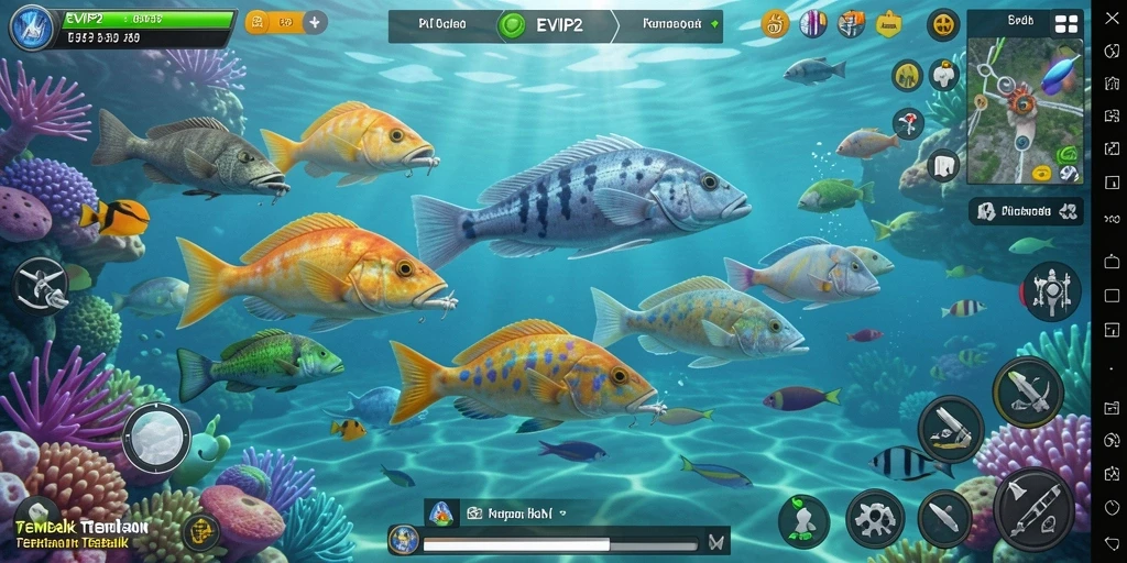 Screenshot utama EVIP2 menampilkan gameplay Tembak Ikan yang seru.