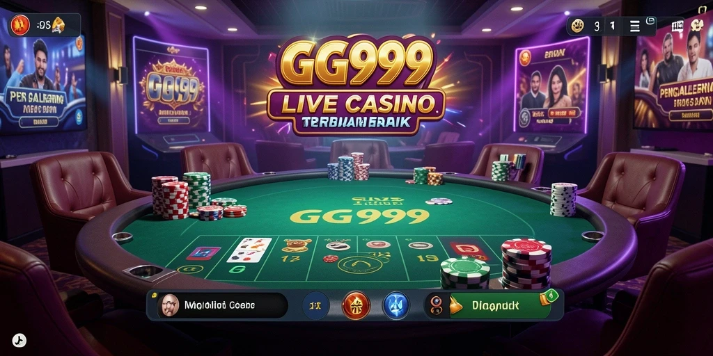 Screenshot gameplay GG999 menampilkan dealer langsung dan suasana kasino yang mendebarkan.