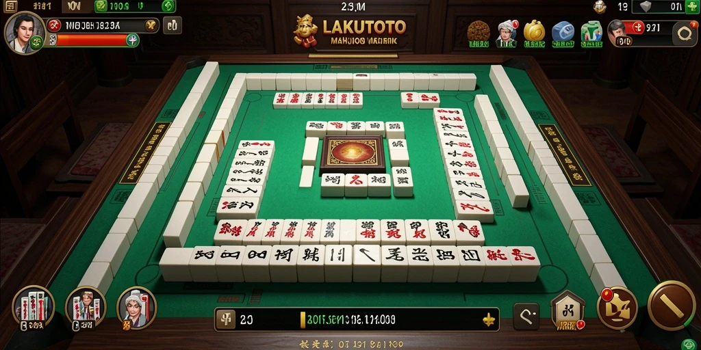 Screenshot gameplay LAKUTOTO dengan ubin Mahjong yang berwarna-warni.