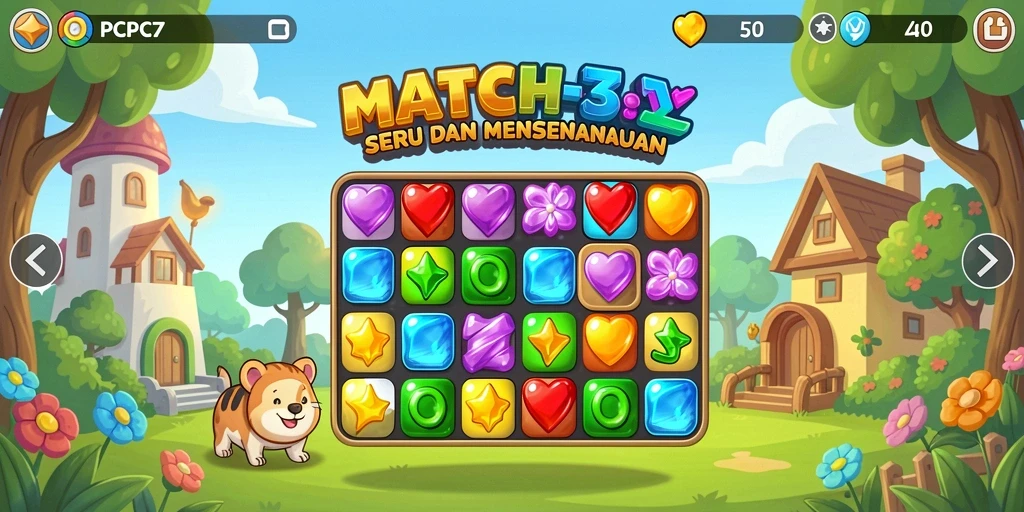 Screenshot gameplay PCPC7 dengan elemen Match-3 yang menarik.