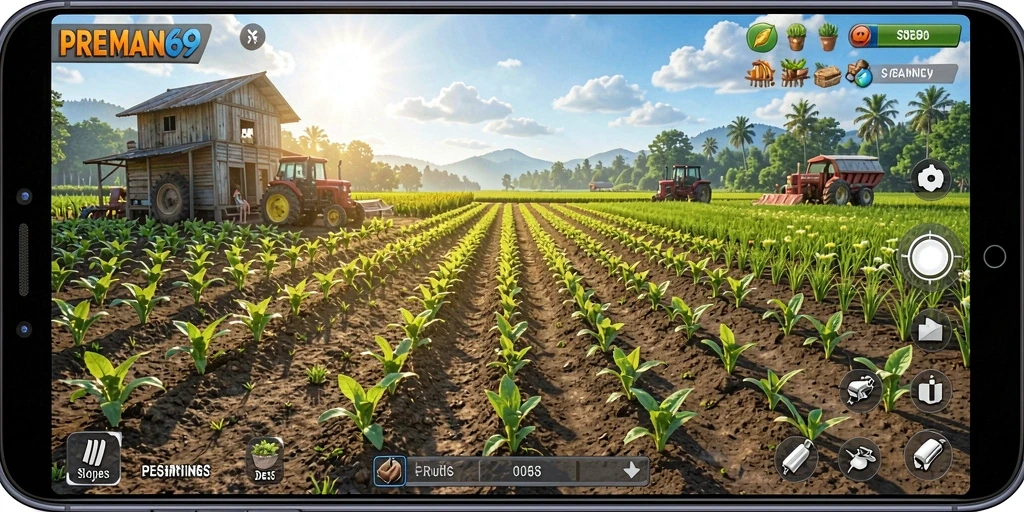 Tampilan gameplay <strong>PREMAN69</strong> menampilkan keindahan pertanian dan aktivitas bermain.