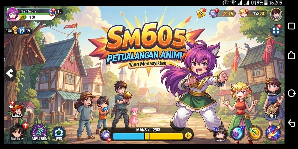 Tangkapan layar gameplay SM605 yang penuh aksi dan warna.